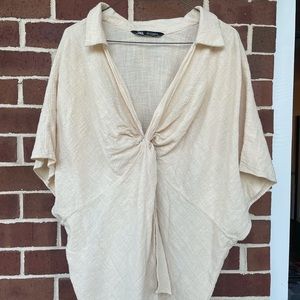 ZARA Cream Collared Tunic with Wrap-Tie and Flowy Sleeves